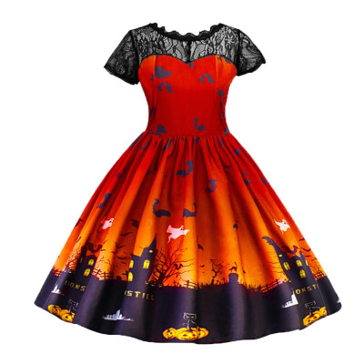 

New Style Fashion Baby Girls Halloween Bat Printed Mesh Short Sleeve Princess Dress