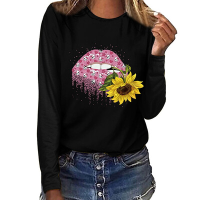 

Plus Size New Autumn Fashion Women Casual Blouse Sunflower And Lips Printed Sweatshirt Long Sleeve Shirt Tops