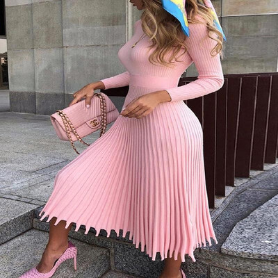 

Stretch Solid Long Sleeve Mock Neck Ribbed Trim Knit Midi Skater Dress