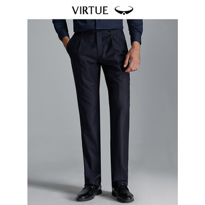 

Virtue rich loose single pleated wool anti-wrinkle men 2019 spring new trousers business casual dark vertical stripes dress straight trousers YKM60243103 navy blue 90