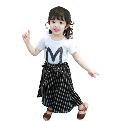 

Fashion Baby Girl Clothes Set Letter Print Short Sleeve T-shirtStripe Wide Leg Casual Long Pants
