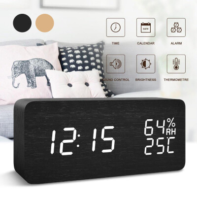 

Modern Wooden Alarm Clock Wood USBAAA Digital LED Calendar Thermometer Bedroom