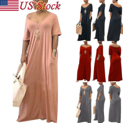 

Women T-Shirt Long Maxi Dress Split Evening Party Casual Shirt Dress Summer Plus