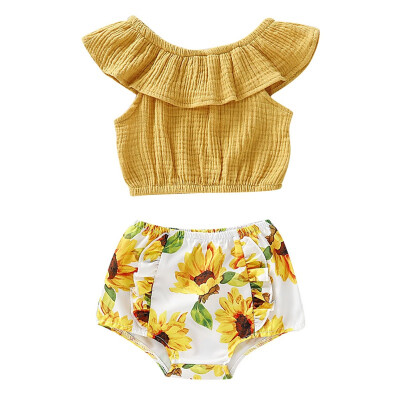 

2PcsSet Summer Baby Girls Casual Flare Sleeve Tops T-shirtFloral Print Briefs PP Shorts Outfits Set