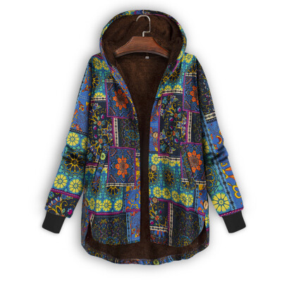 

Tailored Plus Size Women Side Button Ethnic Print Hooded Long Sleeve Vintage Coat