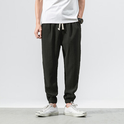 

Gobestart Mens Casual Slim Sports Pants Ankle-Length Linen Trousers Baggy Harem Pants
