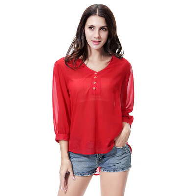 

2XL Loose Button Long Sleeve V Neck Chiffon Blouse Of Large Size Womens Shirts Solid Back Asymmetric Blouse Woman Summer