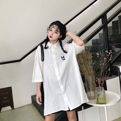

Harajuku Cartoon Dog Print Blouse Tops Korean Causal Shirt 2019 Summer Loose Short Sleeve Turn-down Collar Shirts Woman Blusas