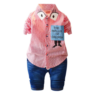 

2 Piece Clothing Set Long Cute Sleeve Cartoon Stripe Shirt Denim Pants Trouser Set Casual Suit Toddler Boy Outfit Set