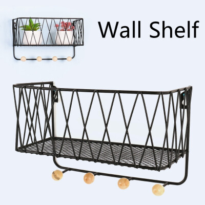 

Wall Mounted Shelf Wrought Iron Shelf with Hooks Basket Key Hanging Hanger