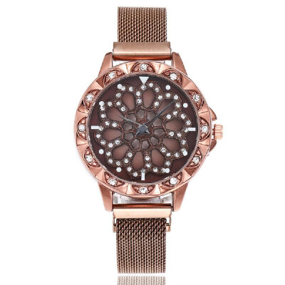 

Fashionable Crystal Women Watch Flower Dial Face Maganet Watch Wristwatch with Weave Knitted Strap Band