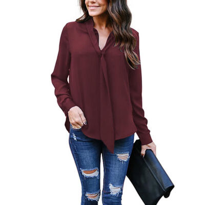 

2018 spring new women clothing long-sleeved bow tie shirt Korean loose chiffon shirt women solid color blouse