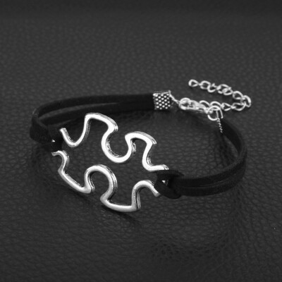 

Punk Antique Silver Jigsaw Autism Awareness Charms Jewelry Men Leather Puzzle Bracelets Best Gift