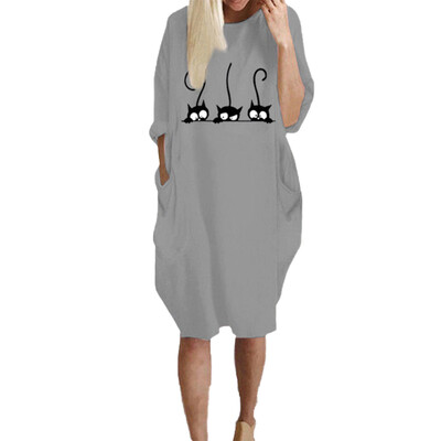 

New Autumn Fashion Women Casual Cartoon Print Loose Dress With Pocket Long Sleeve Midi Dress