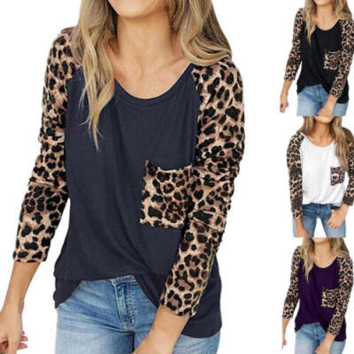 

Autumn Womens Leopard Print Long Sleeve Round Neck Tops Blouse Casual Shirts