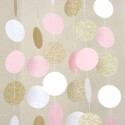 

2017 New Pink White&Gold Glitter Circle Polka Dots Paper Garland Banner 10 FT Banner