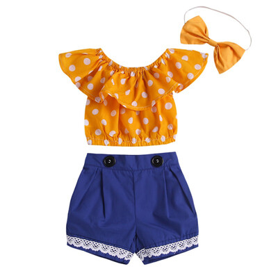 

toddler girl clothes yellow dot topwhite lace edge blue shortsyellow bow-knot hair band summer for 0-3T