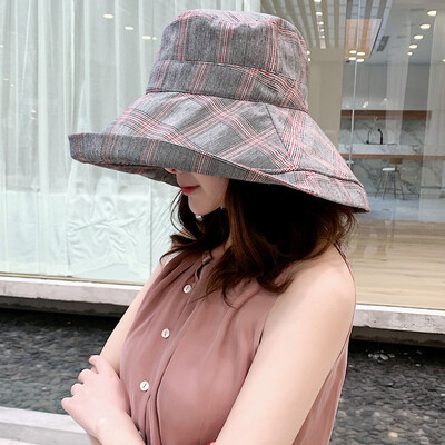 

Summer sun protection double - sided cotton - linen fishermans hat plaid goes out sun - shading sun cap net red person basin hat