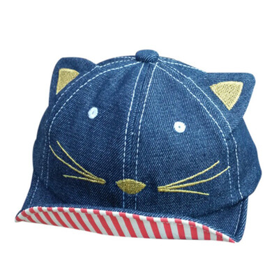 

Infant Baby Boy Girl Caps Cartoon Cat Embroidered Striped Baseball Caps Denim Cowboy Hats