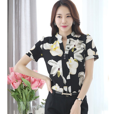 

New Printed Floral Office Womens Blouse Chiffon Blouse Summer Women Short Sleeve V Neck Blusa Ladies Tops Feminina -2XL
