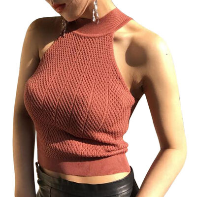 

Women Korean Halter Sleeveless High Neck Hanging Neck Knitted Tank Top Slim