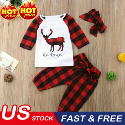 

Christmas Newborn Baby Boy Girl Deer Plaid Tops Bow Pants 3Pcs Outfits Set