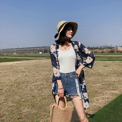 

Summer Womens Blouse Mid-Length Chiffon Print Blue Begonia Sun Protection Clothing Seven-Point Sleeve College Cardigan