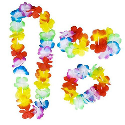 

4PCSSet Hawaiian Leis Set Flower Garland Necklace Headband Wristband Hula Party Lady Men Dance Garland