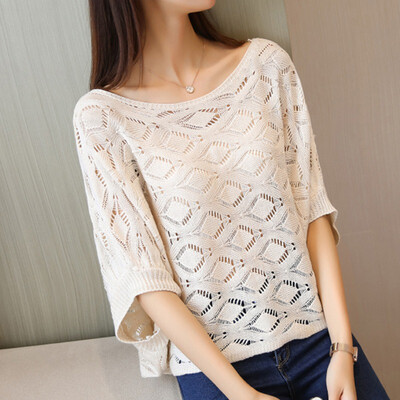 

Women Elegant Knitted Womens Tops And Blouses Hollow Out Batwing Sleeve O-Neck Summer Tops Blusas Mujer De Moda 2019