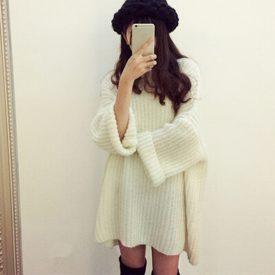 

Women Autumn Winter Fashion Solid Color Bat Sleeved Round Collar Loose Casual Sweet Sweater