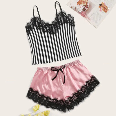 

Gobestart New Women Lace Satin Wireless Bra Camisole Pajamas Sleepwear Bowknot Shorts Set