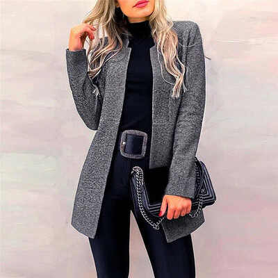 

Women Outerwear Solid Color Notched Collar Open Front Long Sleeve Slim Elegant Autumn Winter OL Wear