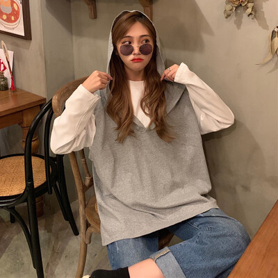 

Women Fake Two-piece Stitching Loose Pullover Long Sleeve Casual Solid Color Tops