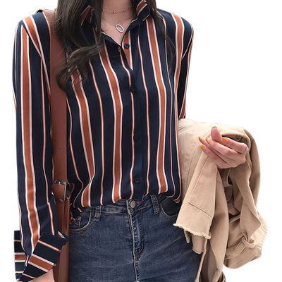 

Autumn Blouse Elegant Women Striped Shirt Casual Lapel Neck Long Sleeve Buttons Work OL Blusas Top Plus Size