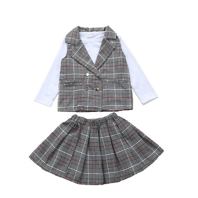 

Girls Kids Suit Plaid Vest Skirt T-shirt Formal Clothes Dress 3PCS 2-6Y