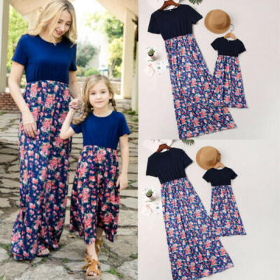 

Mother&Daughter Kids Short Sleeve Anchor Girls Holiday Beach Boho maxi Dress UK