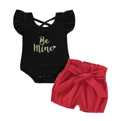 

New Summer Baby Girl Letter Printing Short Sleeve Top And Bow-knot Short Pants Kit Kid Two-piece Outfit Set