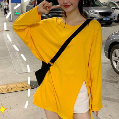 

Autumn Loose Oversized Slit T-shirt Women Long Sleeve Korean Style Sweet Solid Color O neck Steetwear Stranger Things Tee