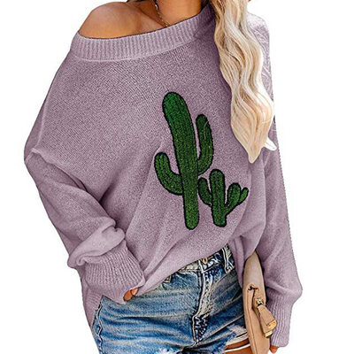 

Womens Cactus Print Pullover Sweater Casual Loose Crewneck Thin Sweatshirt