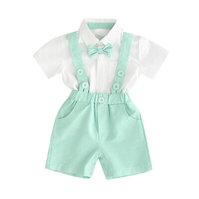 

6M-4T Summer Children Baby Boys Casual Short Sleeve Solid Print Shirt Tops With BowknotStrap Shorts Costume Set