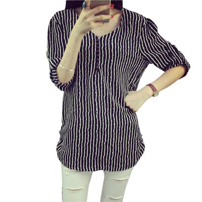 

EFINNY Women Long Sleeve Solid Color V Collar Fashion Stripes Print Blouse Autumn Bottoming Shirt