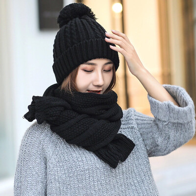 

MAXVIVI winter hat scarf two-piece women plus velvet warm stitching cap sweet cute knitted headband earmuffs WWJ843226 black