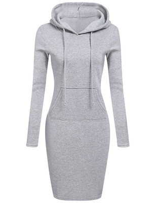 

Casual Solid Color Long Sleeve Drawstring Hoodie Dress with Pocket Slim Hooded Pullover Sweatshirt Dress