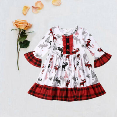 

USA Christmas Outfit Clothes Xmas Santa Printed Kids Toddler Girl Princess Dress