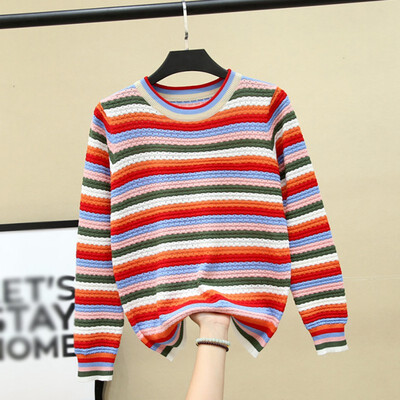 

Colorful Stripes Print Women Sweater Autumn Winter Korean Slim Long Sleeved Crewneck Bottom Knit Jumpers Pullover