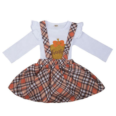 

Spring Autumn Casual Fashion Baby Girl Printing Long Sleeve Romper And Striped Suspender Skirt 2PcsSet