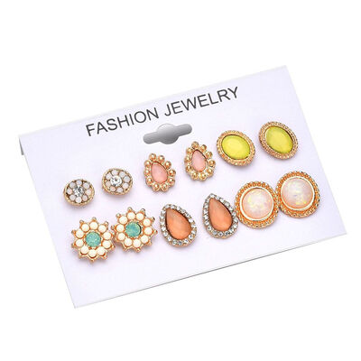 

6 Pairs Floral Water Drop Women Girl Earrings Ear Studs Metal Earrings Rhinestone Decor Jewerly