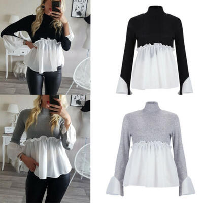 

Womens Puff Sleeve Frill Hem Jumper Ladies Casual High Neck Tops T-Shirt Blouse