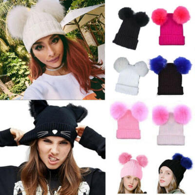 

Women Winter Warm Beanie Hat Warm Knitted With Faux Large Pom Pom Cap Winter