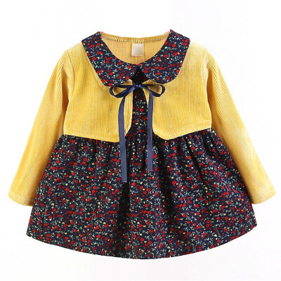 

New Autumn Casual Baby Girls Clothes 0-4T Floral Print Long Sleeve Fake 2 Piece Dress Cute Toddler Kids Sundress